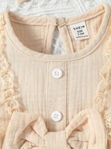 SHEIN Baby Girl Lace Ruffle Trim Bow Front Romper - Apricot - View 4