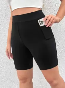 SHEIN EZwear 大碼側邊手機口袋騎行褲 - 黑色 - 查看 1