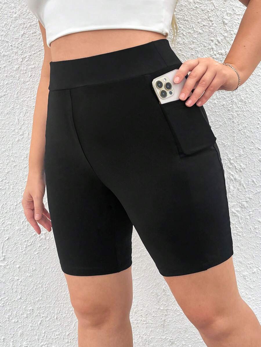 SHEIN EZwear 大碼側邊手機口袋騎行褲 - 黑色 - 查看 1