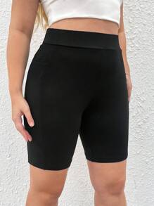 SHEIN EZwear 大碼側邊手機口袋騎行褲 - 黑色 - 查看 3
