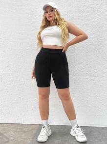 SHEIN EZwear 大碼側邊手機口袋騎行褲 - 黑色 - 查看 5