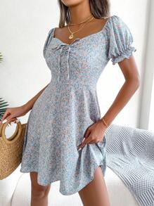 Ditsy Floral Print Knot Front Puff Sleeve Dress - View 1