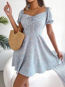 Ditsy Floral Print Knot Front Puff Sleeve Dress - View 3