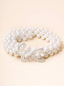 1入組小女童水鑽裝飾蝴蝶扣飾魅力四射珍珠皮帶適用於衣物裝飾