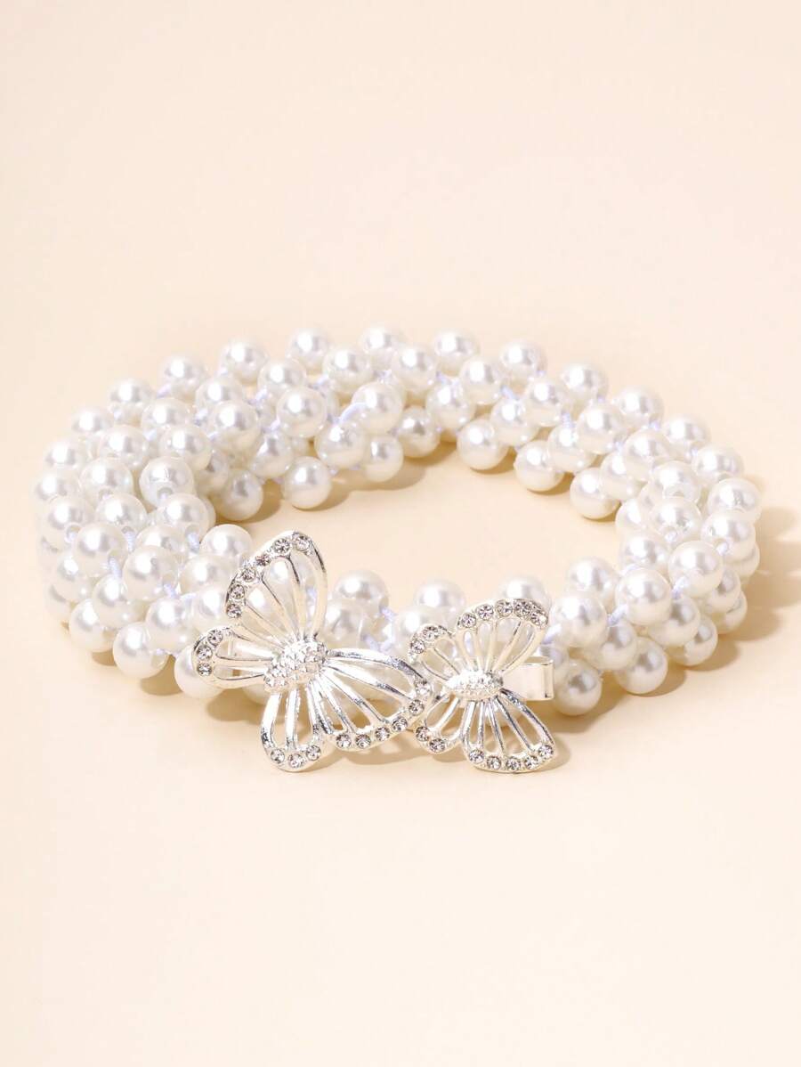 1入組小女童水鑽裝飾蝴蝶扣飾魅力四射珍珠皮帶適用於衣物裝飾