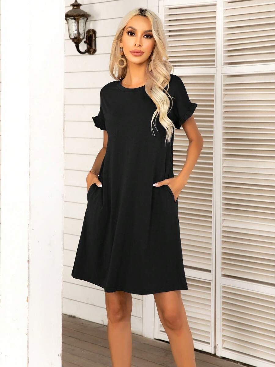 DEARCASE Vestido estilo camiseta unicolor ribete fruncido - Negro - Ver 1