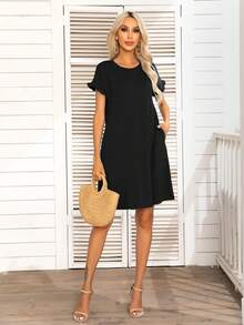 DEARCASE Vestido estilo camiseta unicolor ribete fruncido - Negro - Ver 3