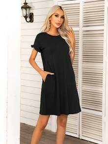 DEARCASE Vestido estilo camiseta unicolor ribete fruncido - Negro - Ver 4