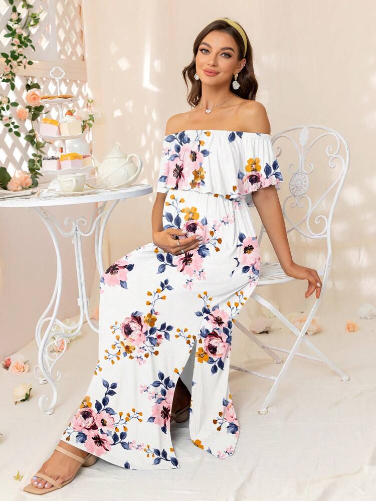 DEARCASE Maternity Floral Print Off Shoulder Ruffle Trim Dress