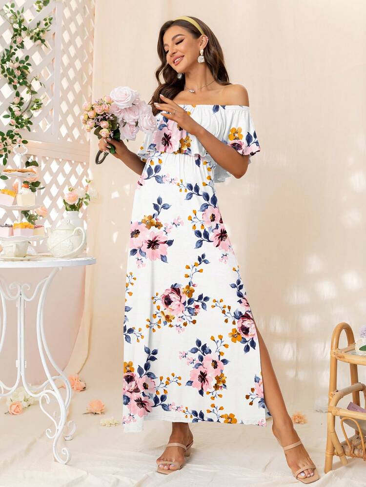 DEARCASE Maternity Floral Print Off Shoulder Ruffle Trim Dress