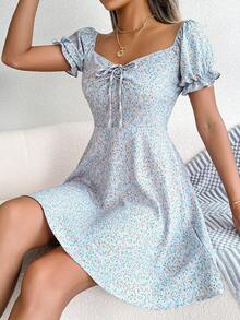Ditsy Floral Print Knot Front Puff Sleeve Dress - View 6