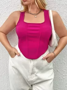 SHEIN EZwear لباس علوي تانك موحدة اللون مقاس كبير - روز أحمر - مشاهدة 5