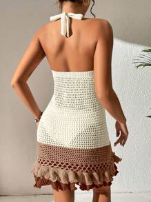 SHEIN Swim 鏤空荷葉邊繞頸露背罩衫連衣裙 - 米色 - 查看 2