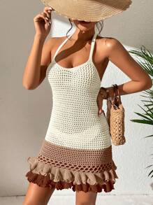 SHEIN Swim 鏤空荷葉邊繞頸露背罩衫連衣裙 - 米色 - 查看 4