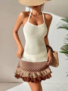 SHEIN Swim 鏤空荷葉邊繞頸露背罩衫連衣裙 - 米色 - 查看 6