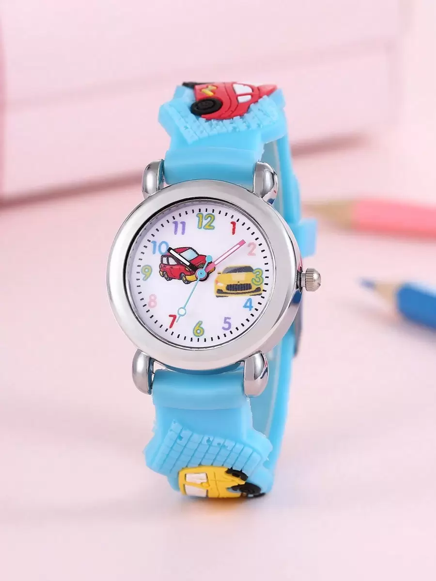 1pc Kids Blue Plastic Strap Cute Car Pattern Round Dial Quartz Watch, For Daily Life
