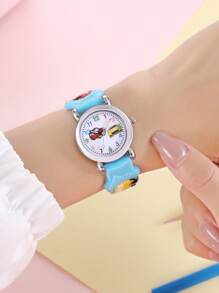 1pc Kids Blue Plastic Strap Cute Car Pattern Round Dial Quartz Watch, For Daily Life