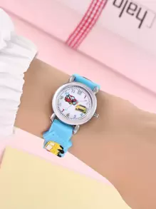 1pc Kids Blue Plastic Strap Cute Car Pattern Round Dial Quartz Watch, For Daily Life