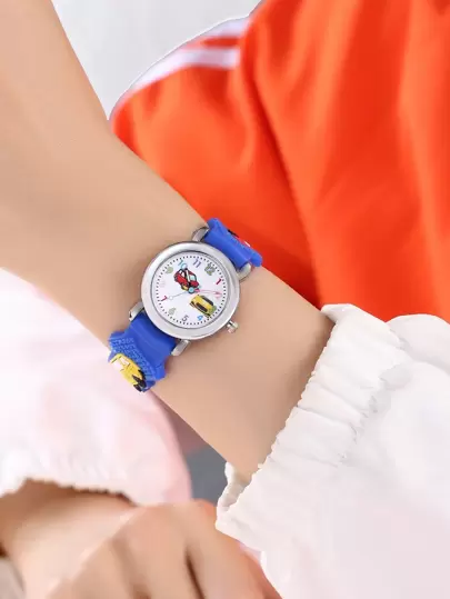 1pc Kids Royal Blue Plastic Strap Cute Car Pattern Round Dial Quartz Watch, For Daily Life