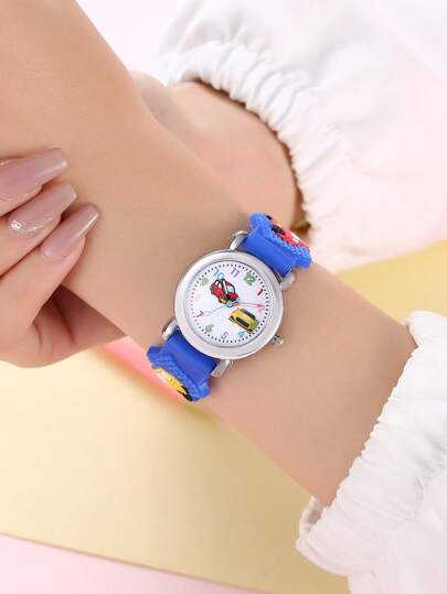 1pc Kids Royal Blue Plastic Strap Cute Car Pattern Round Dial Quartz Watch, For Daily Life