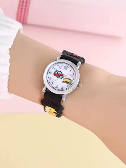 1pc Kids Black Plastic Strap Cute Car Pattern Round Dial Quartz Watch, For Daily Life