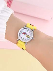 1入組兒童黃色塑料錶帶可愛汽車圖案圓形錶盤石英手錶適合日常生活 - 黃色 - 查看 3