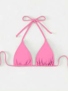 Swim Basics Summer Beach Halter Triangle Bikini Top - Pink - View 3