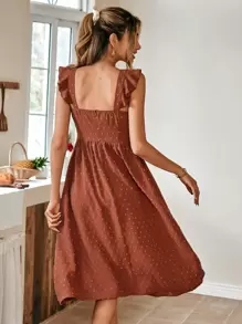SHEIN Frenchy Swiss Dot Ruffle Trim Button Front Dress Brown Summer Casual Brown - Brown - View 2