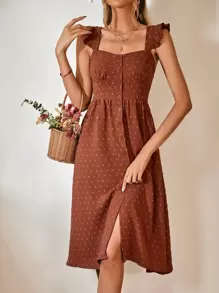 SHEIN Frenchy Swiss Dot Ruffle Trim Button Front Dress Brown Summer Casual Brown - Brown - View 3