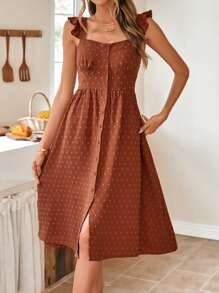 SHEIN Frenchy Swiss Dot Ruffle Trim Button Front Dress Brown Summer Casual Brown - Brown - View 5