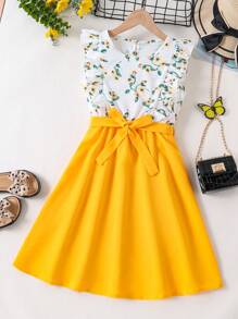 SHEIN Đầm Gái Xù Khối Màu Hoa Dễ thương - Màu vàng - Xem 1