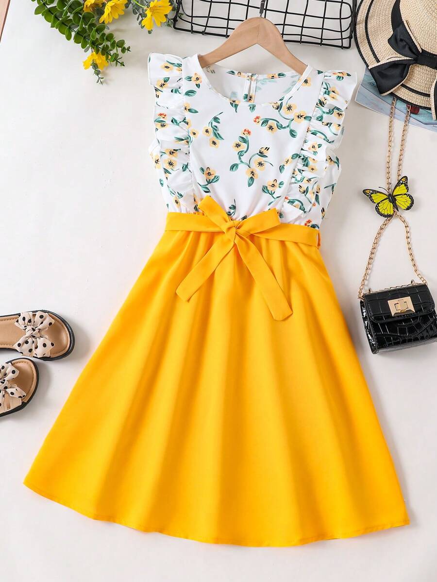 SHEIN Đầm Gái Xù Khối Màu Hoa Dễ thương - Màu vàng - Xem 1