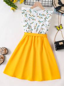 SHEIN Đầm Gái Xù Khối Màu Hoa Dễ thương - Màu vàng - Xem 2