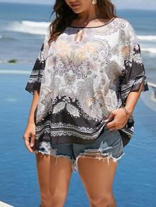 SHEIN LUNE Plus Paisley Print Batwing Sleeve Blouse - Multicolor - View 3