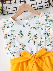 SHEIN Đầm Gái Xù Khối Màu Hoa Dễ thương - Màu vàng - Xem 5