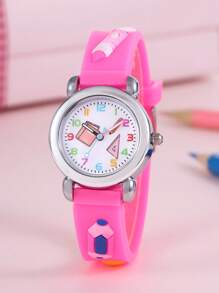 1 Trẻ Em Màu Hồng Dây Nhựa Dễ Thương Sách & Bút Chì Hoa Văn Mặt Tròn Đồng Hồ Thạch Anh, Cho Cuộc Sống Hàng Ngày - Màu Hồng Tươi - Xem 1