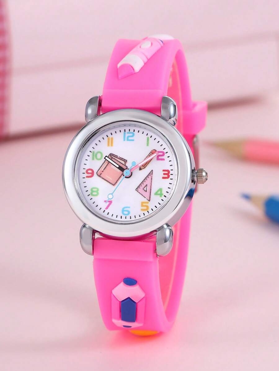 1 Trẻ Em Màu Hồng Dây Nhựa Dễ Thương Sách & Bút Chì Hoa Văn Mặt Tròn Đồng Hồ Thạch Anh, Cho Cuộc Sống Hàng Ngày - Màu Hồng Tươi - Xem 1