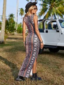 SHEIN VCAY Floral & Paisley Print Split Side Dress Without Belt - Multicolor - View 2