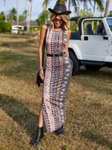 SHEIN VCAY Floral & Paisley Print Split Side Dress Without Belt - Multicolor - View 3