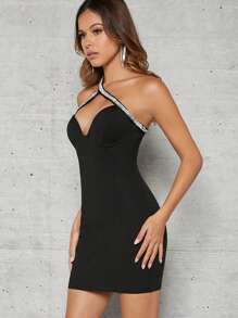 Hauture One Shoulder Rhinestone Bodycon Dress - Black - View 3