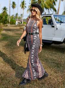 SHEIN VCAY Floral & Paisley Print Split Side Dress Without Belt - Multicolor - View 4