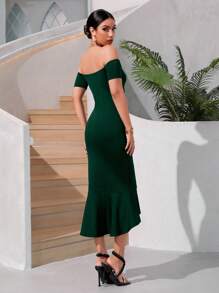 SHEIN BAE Đầm Viên lá sen màu trơn Thanh lịch - Màu xanh lá cây đậm - Xem 2