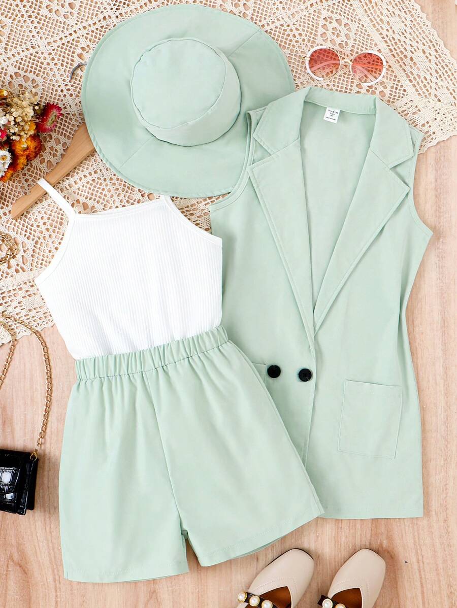 SHEIN 女孩西裝領西裝外套和吊帶背心和短褲和帽