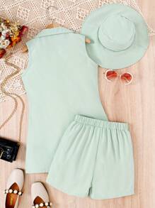 SHEIN 女孩西裝領西裝外套和吊帶背心和短褲和帽