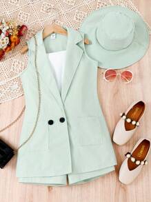 SHEIN 女孩西裝領西裝外套和吊帶背心和短褲和帽