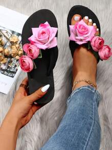 Women Flower Decor Flip Flops, Fashion Summer Flip Flops - Hot Pink - View 1