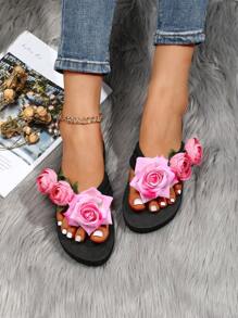 Women Flower Decor Flip Flops, Fashion Summer Flip Flops - Hot Pink - View 2