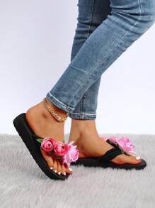 Women Flower Decor Flip Flops, Fashion Summer Flip Flops - Hot Pink - View 3