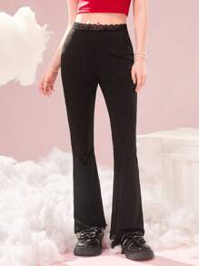Sweetness Contrast Lace Flare Leg Pants - Black - View 1