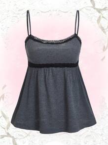 ROMWE Kawaii 蕾丝边荷叶边娃娃装吊带上衣 - 深灰色 - 查看 5